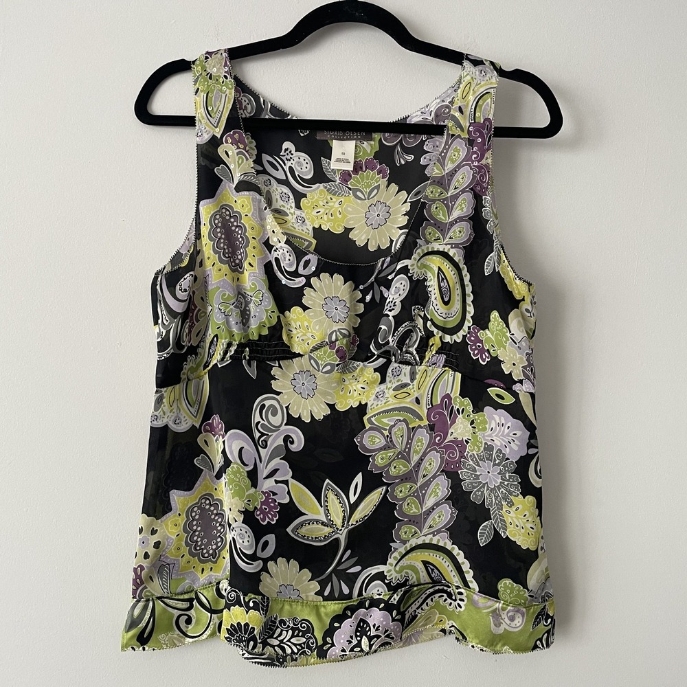 100% Silk Babydoll Sequin Black Floral Tank Size 10 Y2K Fairy Grunge Dainty 70s